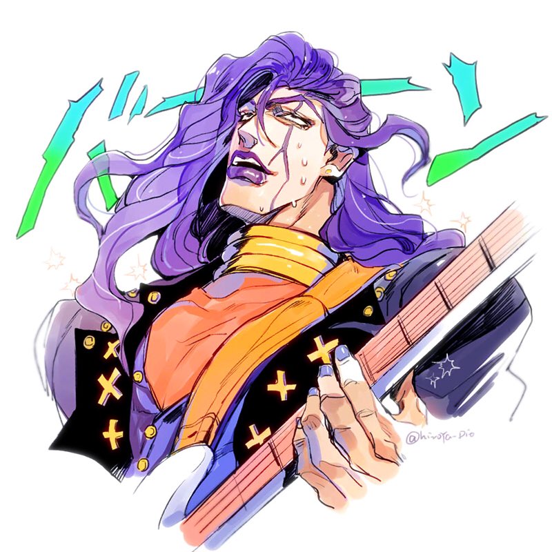 1boy diamond_wa_kudakenai guitar hat hatoyama_itsuru instrument jojo_no_kimyou_na_bouken long_hair male_focus music otoishi_akira playing_instrument purple_hair purple_lips purple_nails solo sweat