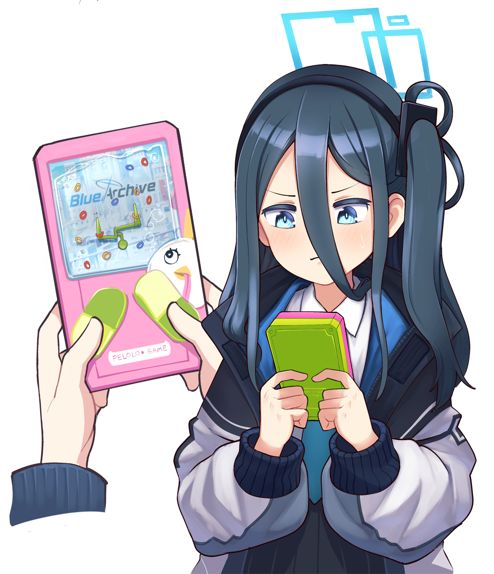1girl aris_(blue_archive) black_hair black_skirt blue_archive blue_eyes blush closed_mouth coat collared_shirt commentary copyright_name english_commentary frown hair_between_eyes halo jacy long_hair long_hair_between_eyes long_sleeves looking_down multiple_views open_clothes open_coat peroro_(blue_archive) shirt side_ponytail sidelocks simple_background skirt sweatdrop upper_body waterful_ring-toss white_background white_coat