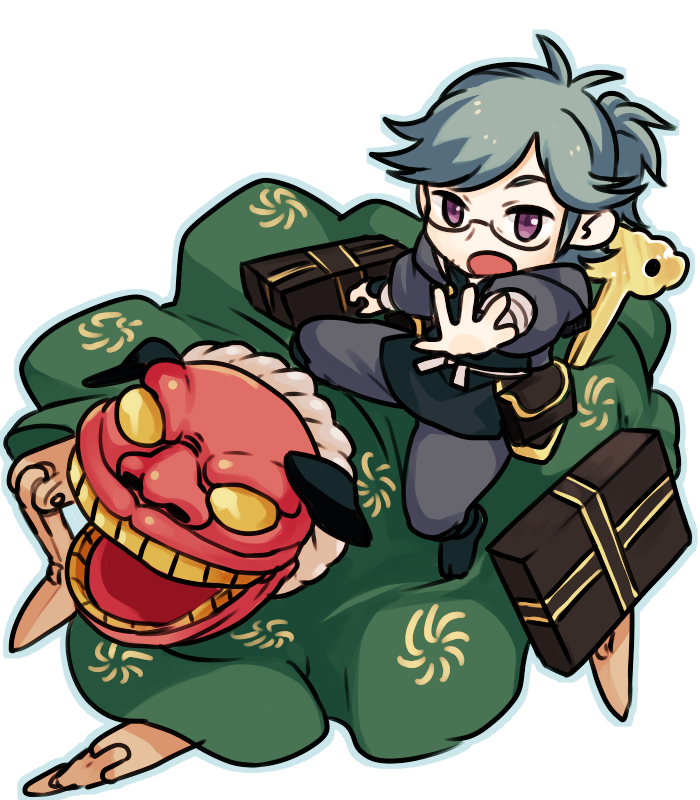 1boy bandaged_arm bandages blue_hair facial_hair fire_emblem fire_emblem_fates glasses japanese_clothes male_focus nintendo ponytail puppet round_eyewear uniko_(unica111) yukimura_(fire_emblem)