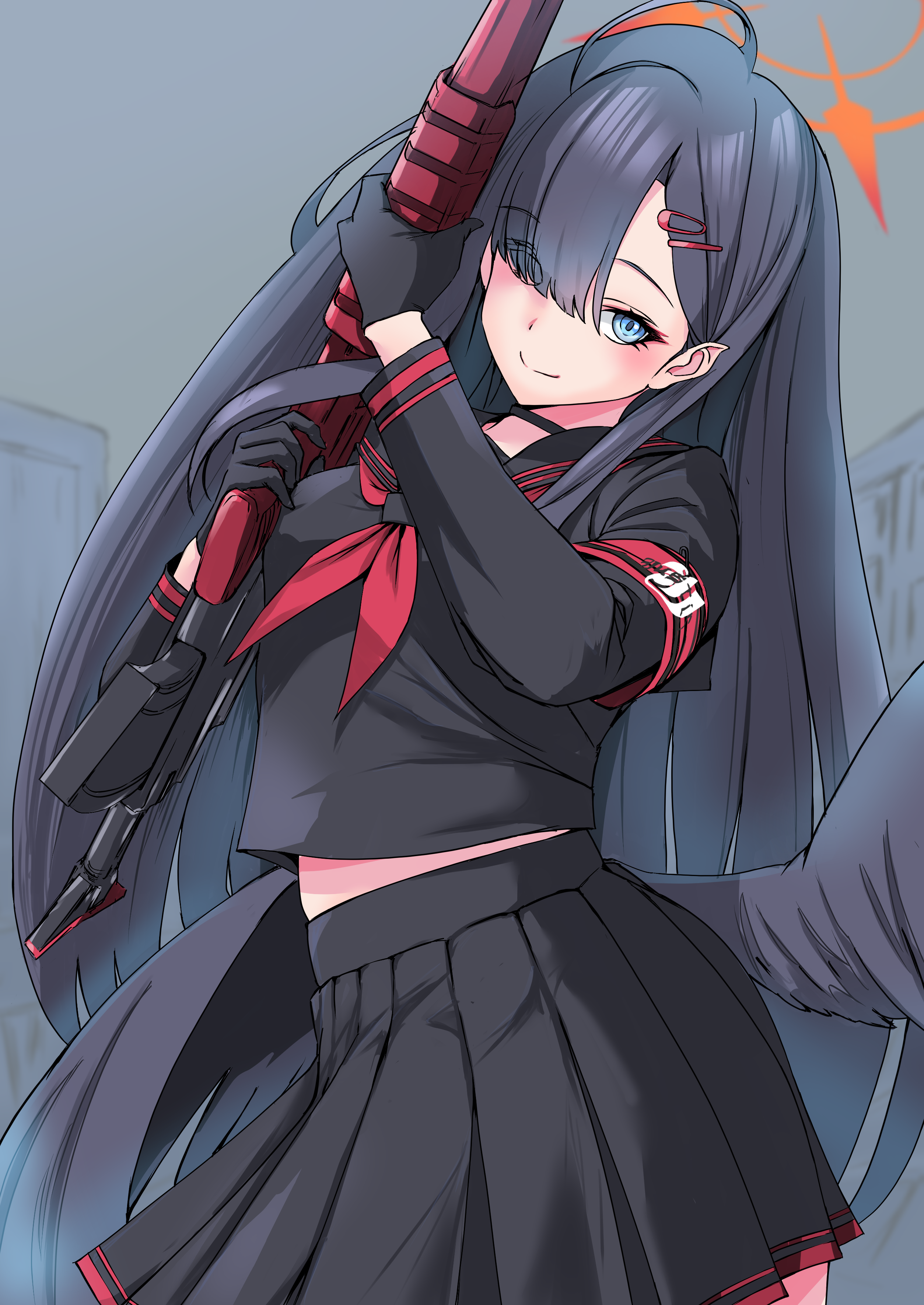 1girl absurdres black_gloves black_hair black_shirt black_skirt blue_archive gloves highres ichika_(blue_archive) long_sleeves looking_at_viewer p.i.t.d shirt skirt smile solo