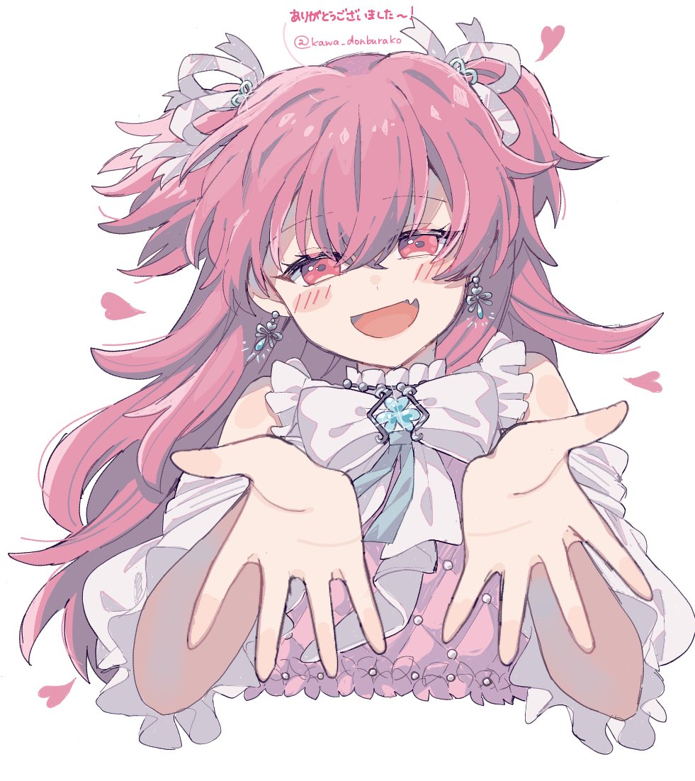 1girl :d blue_ribbon blush_stickers cheer_with_my_heart!_(project_sekai) clothing_cutout clover_brooch commentary_request cropped_torso crossed_bangs earrings fang frilled_shirt frills glint hair_ornament half-closed_eyes head_tilt heart heart_earrings heart_hair_ornament jewelry kawa_donburako long_hair looking_at_viewer momoi_airi neck_ribbon open_hands open_mouth pink_eyes pink_hair pink_shirt project_sekai reaching reaching_towards_viewer ribbon ribbon_hair shirt short_sleeves shoulder_cutout simple_background skin_fang smile solo straight-on translation_request twitter_username two-tone_shirt two_side_up white_background white_ribbon white_shirt white_sleeves