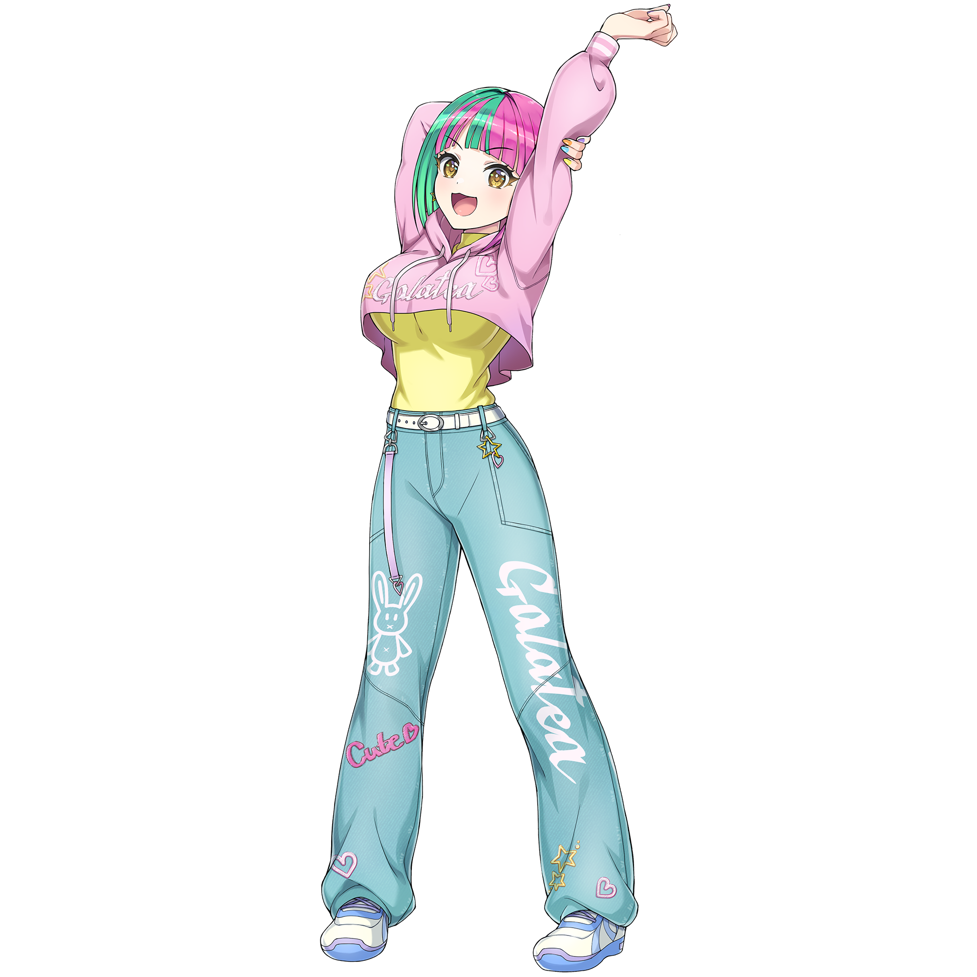 1girl :3 arm_behind_back arm_up belt bob_cut crop_top crop_top_overhang cropped_hoodie denim diagonal_bangs dolphin_wave game_cg green_hair helly_lewis highres holding_own_arm hood hoodie jeans looking_at_viewer multicolored_hair nail_polish non-web_source official_alternate_costume official_art ootomo_takuji open_mouth pants pink_hair pink_hoodie shirt shoes simple_background smile sneakers solo split-color_hair stretching transparent_background two-tone_hair white_background yellow_eyes yellow_shirt