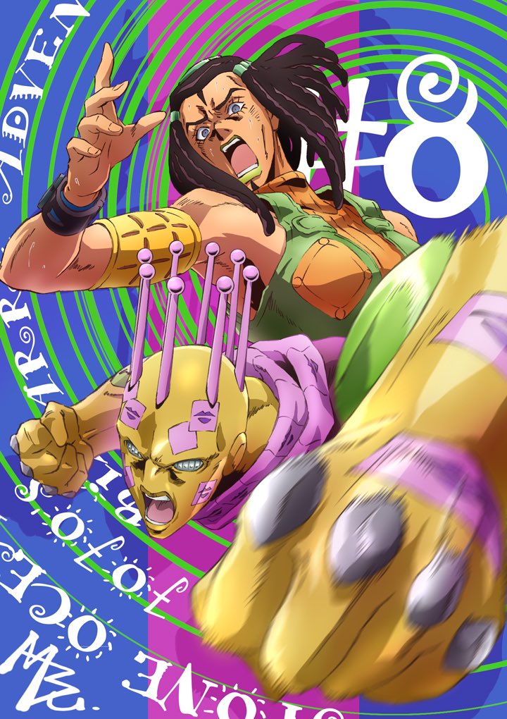 1girl brown_hair dreadlocks ermes_costello forehead green_lips green_shirt grey_eyes jojo_no_kimyou_na_bouken katayama_manabu kiss_(stand) long_hair looking_at_viewer official_art open_mouth shirt sleeveless solo stand_(jojo) stone_ocean tan