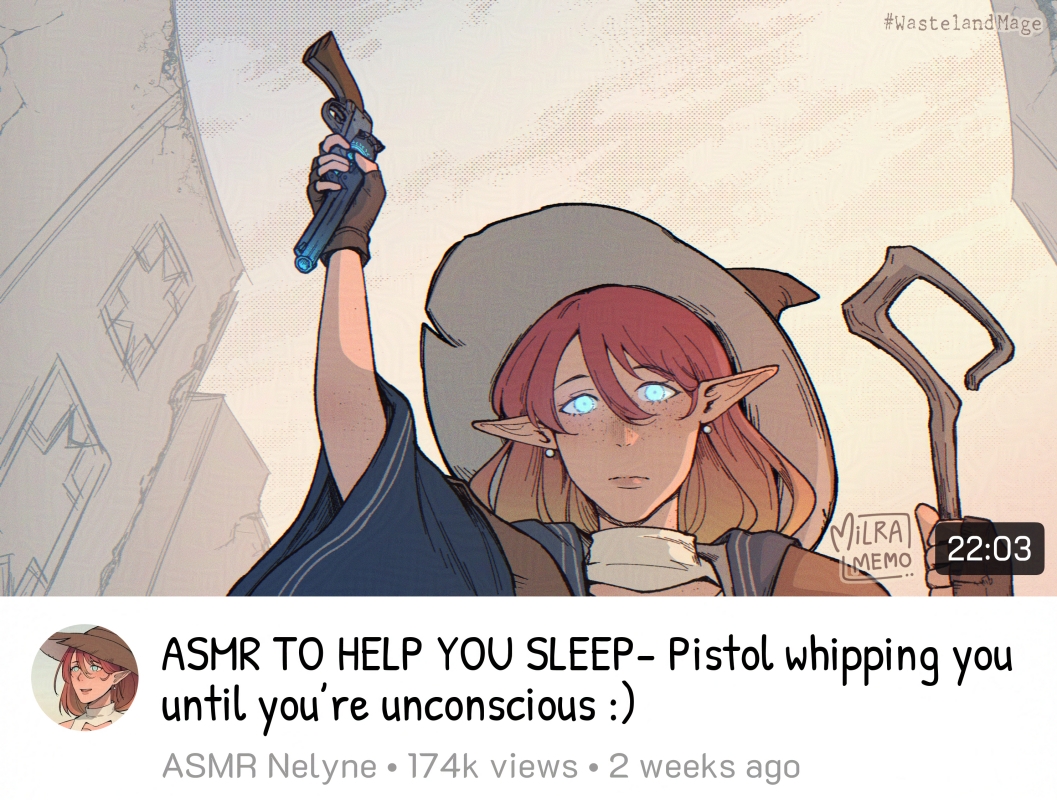 1girl arm_up asmr_to_help_you_sleep_-_beating_you_until_you&#039;re_unconscious_(meme) blue_eyes brown_gloves brown_hair brown_hat closed_mouth commentary day fake_video fingerless_gloves gloves glowing glowing_eyes gun hair_between_eyes handgun hashtag hat holding holding_gun holding_staff holding_weapon long_hair looking_at_viewer meme milramemo nelyne_(milramemo) original outdoors pointy_ears revolver signature sky solo staff upper_body weapon witch_hat