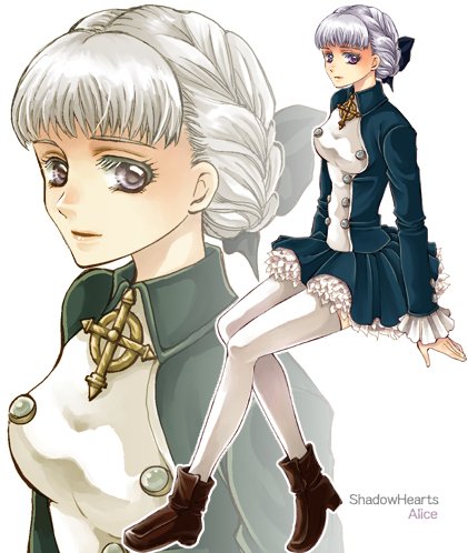 1girl alice_elliot bow braid breasts closed_mouth dress full_body hair_bow jewelry long_sleeves looking_at_viewer lowres nekopu shadow_hearts short_hair silver_hair simple_background skirt solo thighhighs white_background white_thighhighs