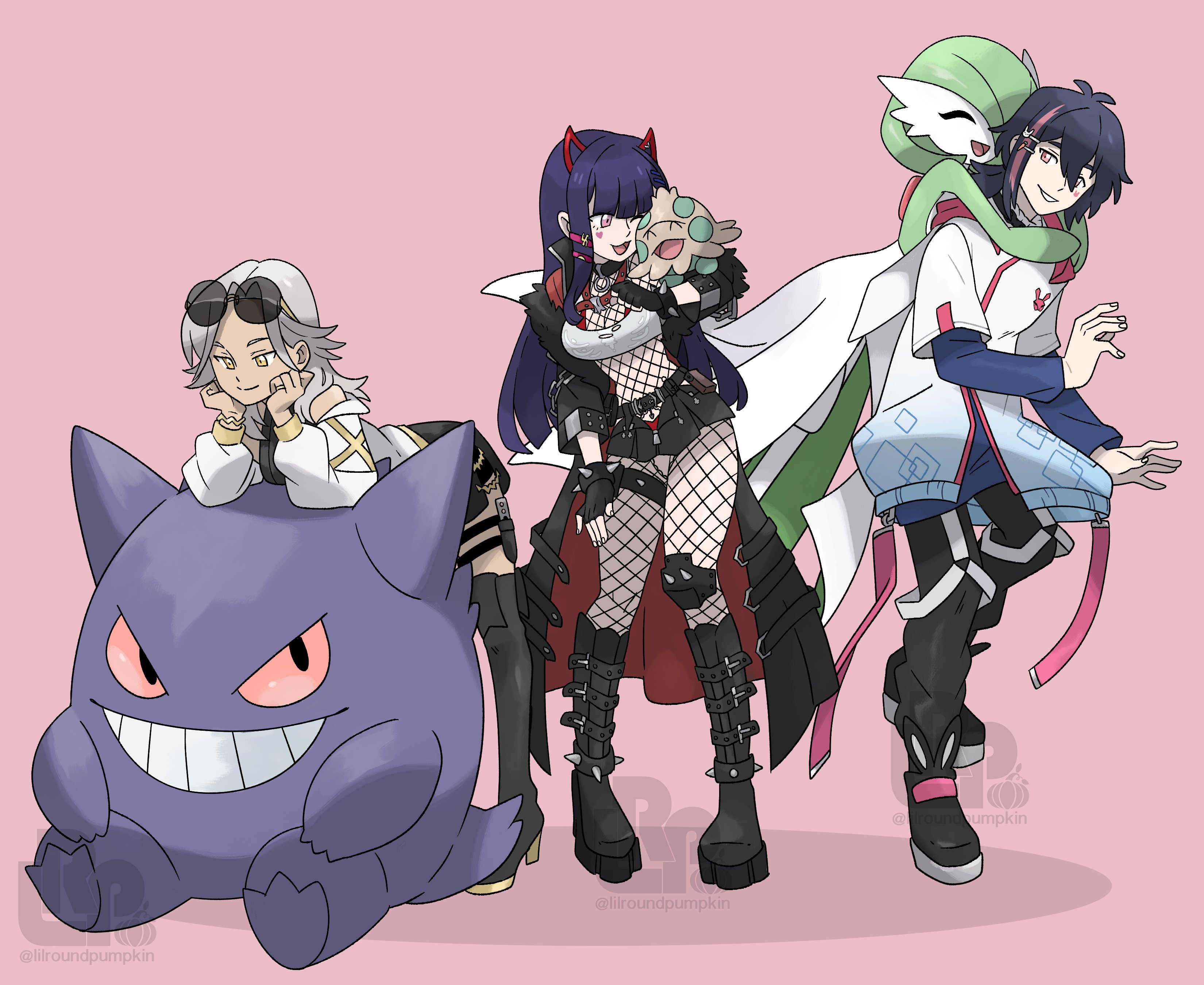 1boy 3girls :3 ^_^ absurdres akuma_nihmune akuma_nihmune_(demon_past) arm_up artist_name bare_shoulders belt bent_over black_choker black_coat black_eyes black_footwear black_gloves black_hair black_pants black_shirt black_shorts black_skirt blue_shirt blunt_bangs bob_cut bodystocking boots bracelet breasts carrot_hair_ornament choker cleavage closed_eyes closed_mouth coat colored_sclera colored_skin commission crop_top dagger dark-skinned_female dark_skin eye_contact facial_mark fake_horns fingerless_gloves fishnets food-themed_hair_ornament full_body gardevoir gen_1_pokemon gen_3_pokemon gengar gloves green_hair green_skin grey_hair grey_shirt grin hair_ornament hairclip half-closed_eyes hand_on_own_thigh hand_up hands_on_own_cheeks hands_on_own_face hands_up happy heart high_heels highres horns hug hug_from_behind jacket jewelry knee_boots knife layered_sleeves leaning_on_person leg_up lilroundpumpkin long_hair long_sleeves looking_at_another looking_back looking_down looking_up medium_breasts microskirt multicolored_hair multicolored_skin multiple_girls nintendo off_shoulder official_style one_eye_closed open_clothes open_coat open_jacket open_mouth original pants pink_background pink_eyes pleated_skirt pokemon pokemon_(creature) pokemon_on_arm purple_hair rabbit_hair_ornament red_hair red_sclera ring sheath sheathed shirt shoes short_over_long_sleeves short_shorts short_sleeves shorts shroomish sidelocks simple_background sitting skirt sleeveless sleeveless_shirt smile spiked_bracelet spikes split_mouth standing standing_on_one_leg streaked_hair teeth thigh_boots thigh_strap twitter_username two-sided_coat two-sided_fabric two-tone_hair two-tone_skin virtual_youtuber watermark weapon white_jacket white_skin yellow_eyes zipper_pull_tab