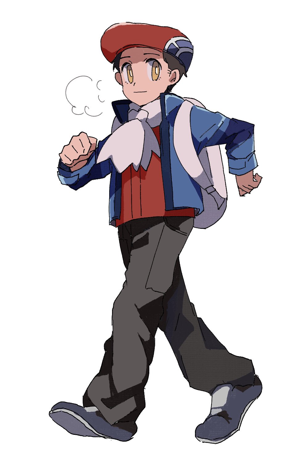 1boy beret black_hair black_pants blue_jacket closed_mouth full_body hat highres jacket long_sleeves lucas_(pokemon) male_focus nintendo open_clothes open_jacket pants pokemon pokemon_dppt pokemon_platinum red_hat red_shirt scarf shichibee_(stm_mimi) shirt shoes short_hair simple_background smile solo walking white_background white_bag white_scarf yellow_eyes