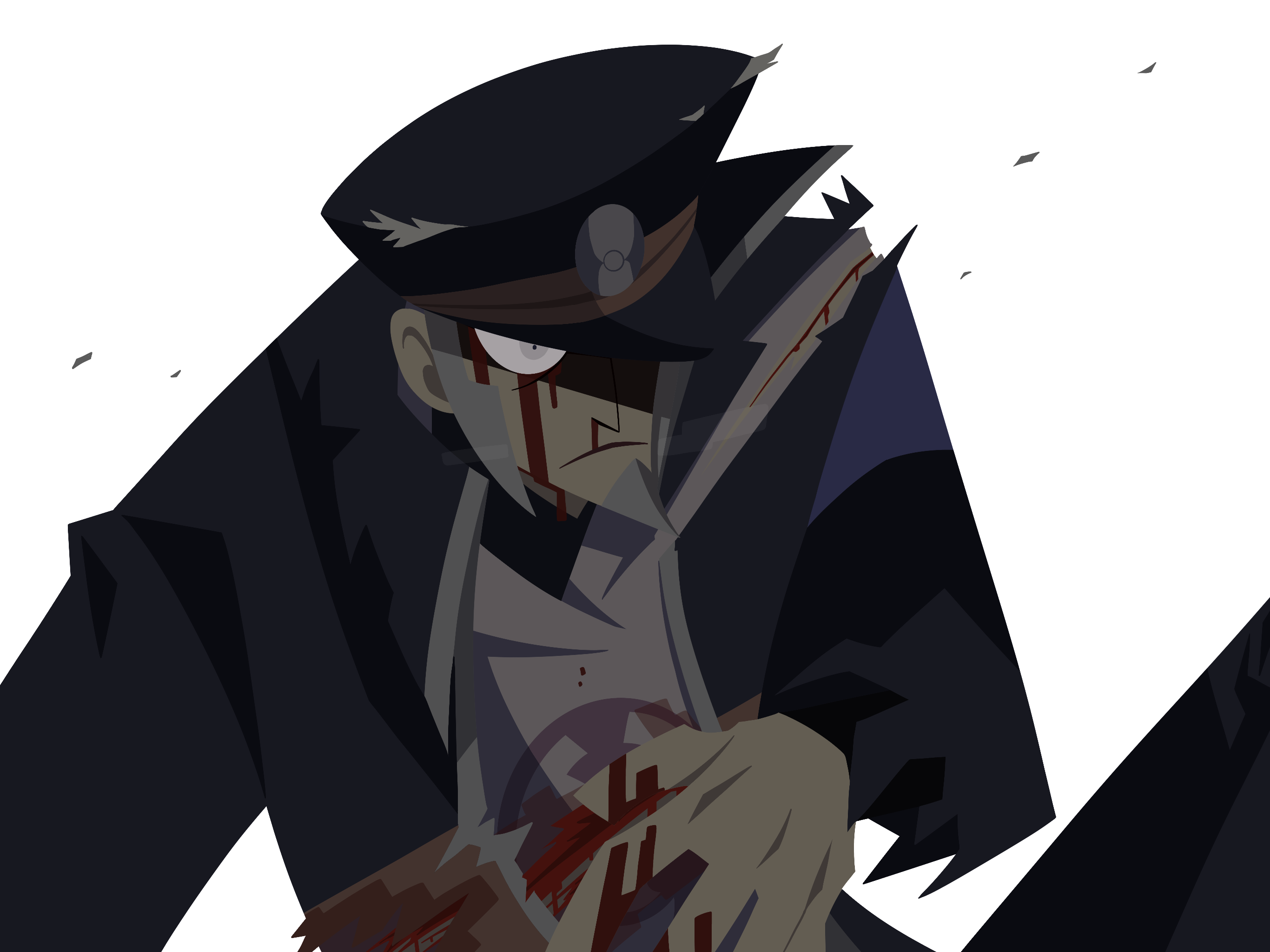 1boy armband black_coat black_hat black_pants black_undershirt blood blood_on_clothes blood_on_face blood_on_hands blood_stain blue_armband claw_mark closed_mouth coat cuts facial_hair frown goatee grey_eyes grey_hair hand_on_own_stomach hat highres ingo_(pokemon) injury male_focus nintendo nosebleed omnia-volo pants pearl_clan_outfit pokemon pokemon_legends:_arceus shaded_face short_hair sideburns torn_clothes torn_coat turtleneck white_background