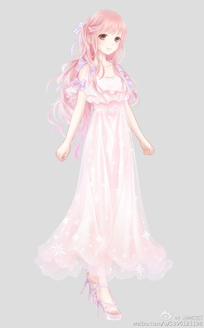 1girl artist_request bare_arms bare_shoulders blunt_bangs bow brown_eyes chinese_commentary closed_mouth clothing_cutout collarbone commentary_request dot_nose dress eyelashes frilled_sleeves frills full_body grey_background hair_bow happy high_heel_sandals high_heels highres light_blush long_dress long_hair looking_at_viewer miracle_nikki nikki_(nikki) nikki_(series) official_art pink_dress pink_hair purple_bow purple_sandals sandals second-party_source short_sleeves shoulder_cutout sidelocks simple_background sleeve_bow smile snowflake_print solo standing stiletto_heels toes watermark weibo_watermark