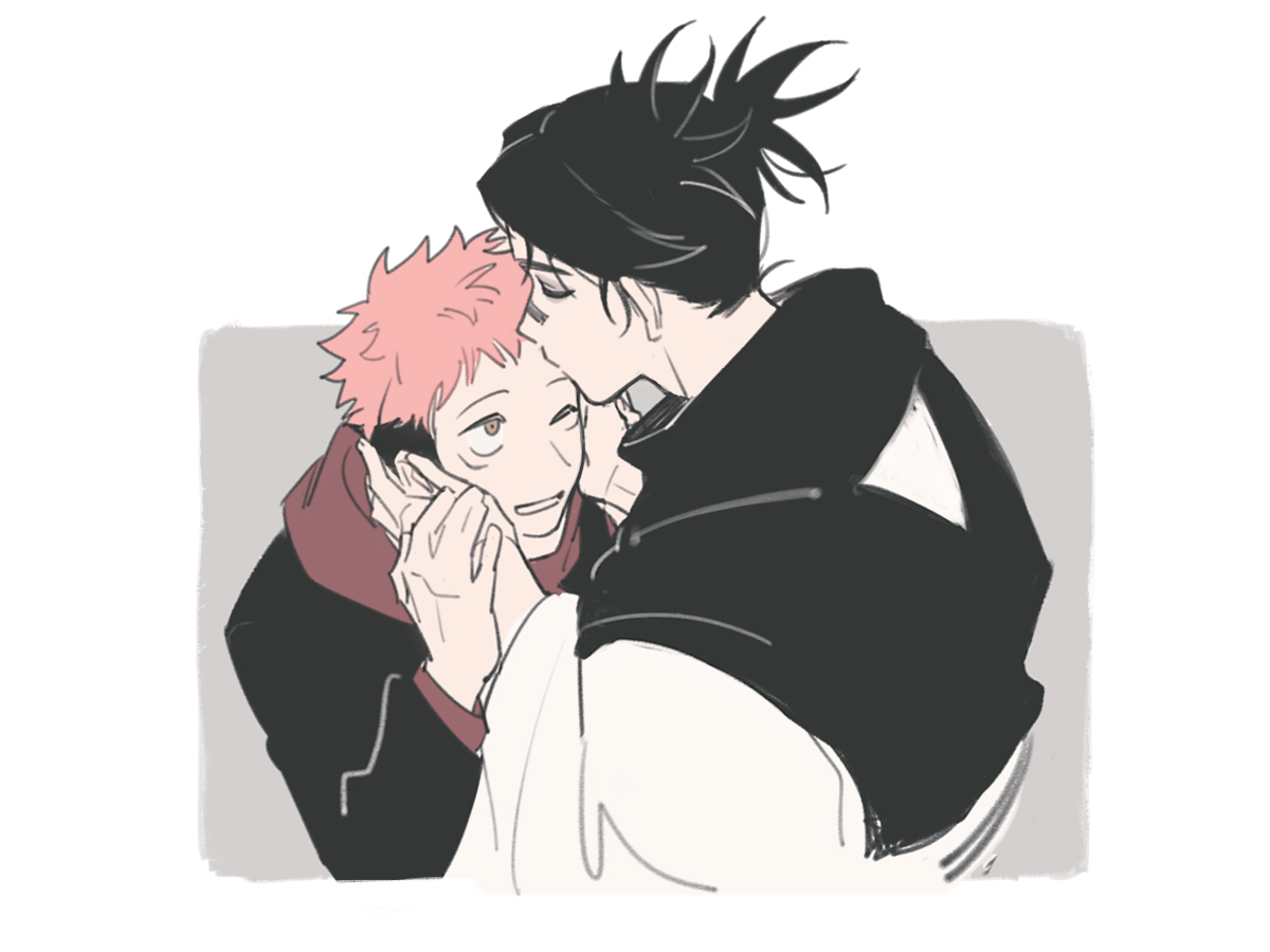 2boys bandaid bandaid_on_face black_hair black_jacket brown_eyes choso_(jujutsu_kaisen) closed_eyes closed_mouth commentary cropped_torso facial_mark hands_on_another's_face hood hood_down hoodie itadori_yuuji jacket jujutsu_kaisen kiss kissing_forehead layered_sleeves long_sleeves looking_at_another looking_up male_focus multicolored_hair multiple_boys pink_hair red_hoodie smile symbol-only_commentary teeth two-tone_hair wide_sleeves yaoi yi_(826805607)
