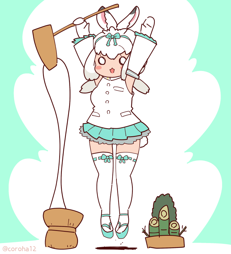 1girl animal_ears arms_up coroha elbow_gloves extra_ears food full_body gloves green_background jacket jumping kemono_friends long_hair looking_at_viewer mochi rabbit_ears rabbit_girl rabbit_tail ribbon sandals simple_background skirt sleeveless solo tail thighhighs tsukuyomi_shinshi_(kemono_friends) white_hair zouri