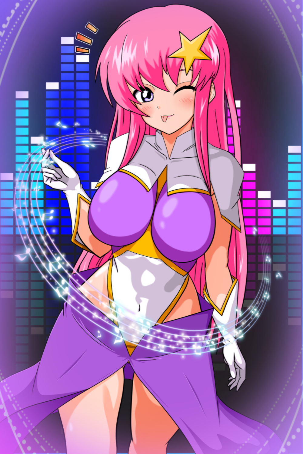 1girl breasts capelet commentary_request feet_out_of_frame graphic_equalizer gundam gundam_seed gundam_seed_destiny hair_ornament highleg highleg_leotard highres impossible_clothes large_breasts leotard long_hair meer_campbell multicolored_leotard partial_commentary pink_hair purple_eyes purple_leotard solo musical_staff star_(symbol) star_hair_ornament susuki_(susuki_hg) tongue tongue_out white_capelet