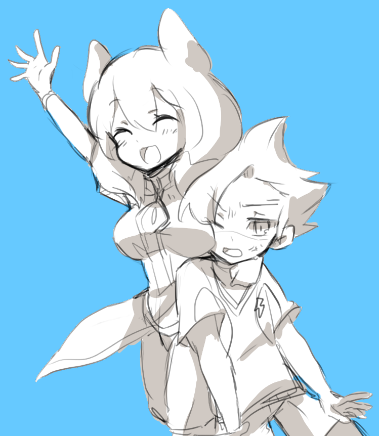10s 1boy 1girl anger_vein arm_around_neck bad_id bad_pixiv_id blue_background blush breasts closed_eyes inazuma_eleven_(series) inazuma_eleven_go inazuma_eleven_go_galaxy large_breasts lightning_bolt_symbol matatagi_hayato monochrome multicolored_hair nankai open_mouth powai_pichori shinsei_inazuma_japan simple_background sketch soccer_uniform sportswear two-tone_hair waving wince