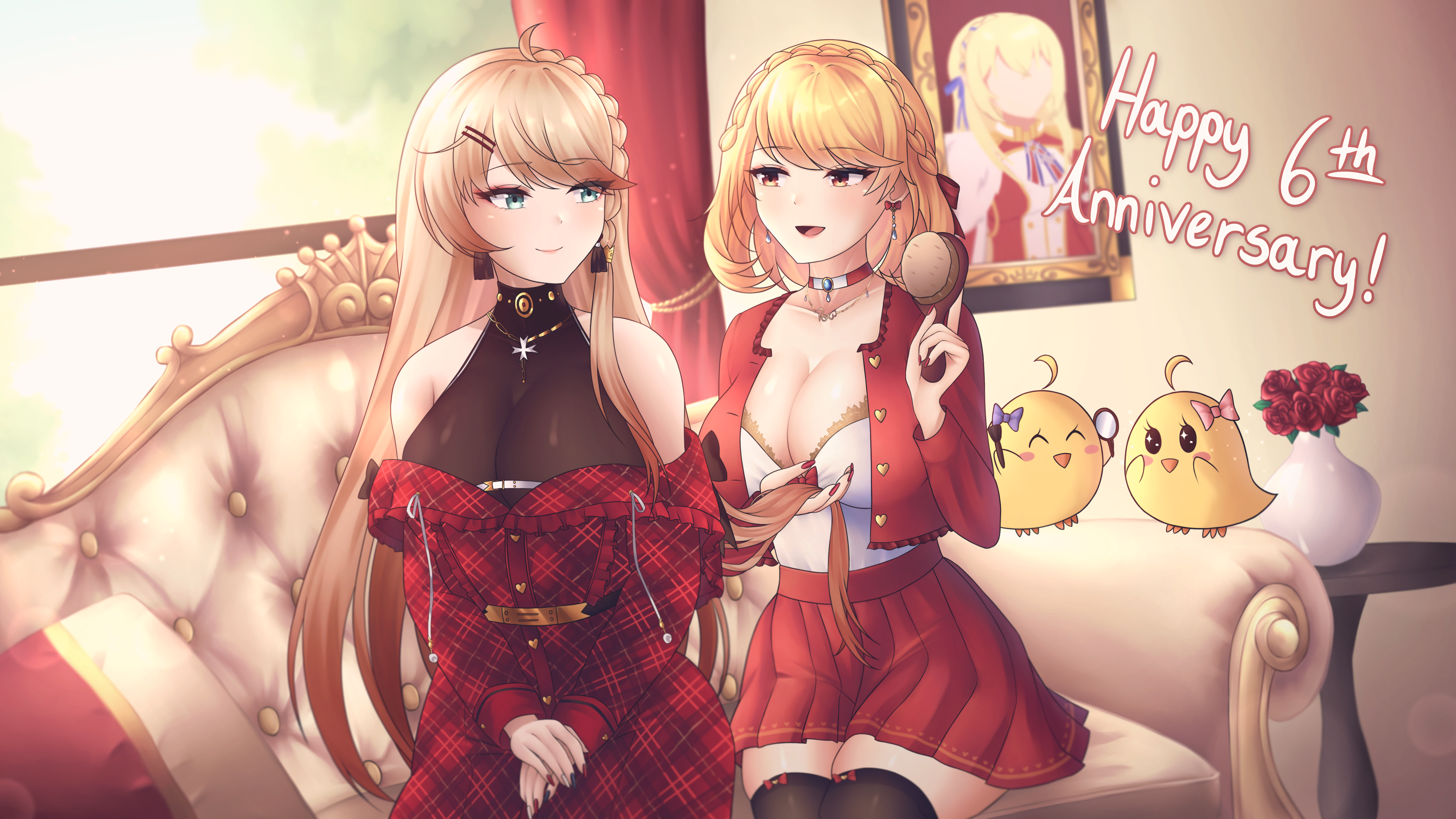 3girls absurdres alternate_costume azur_lane bare_shoulders black_thighhighs blonde_hair blue_eyes blue_ribbon breasts brushing_another's_hair brushing_hair choker cleavage commentary couch cropped_jacket dress earrings english_commentary english_text flower flower_earrings gradient_hair hair_brush hair_ribbon happy_anniversary highres holding holding_another's_hair holding_hair_brush howe_(azur_lane) howe_(noble_rouge)_(azur_lane) indoors jacket jewelry king_george_v_(azur_lane) large_breasts long_hair manjuu_(azur_lane) medium_hair miniskirt multicolored_hair multiple_girls off-shoulder_dress off_shoulder official_alternate_costume on_couch open_clothes open_jacket open_mouth plaid_clothes plaid_dress pleated_skirt portrait_(object) prince_of_wales_(azur_lane) pumpkinpaii red_choker red_curtains red_dress red_eyes red_flower red_hair red_jacket red_rose red_skirt ribbon rose siblings sisters sitting skirt sleeveless sleeveless_turtleneck thighhighs turtleneck vase window zettai_ryouiki