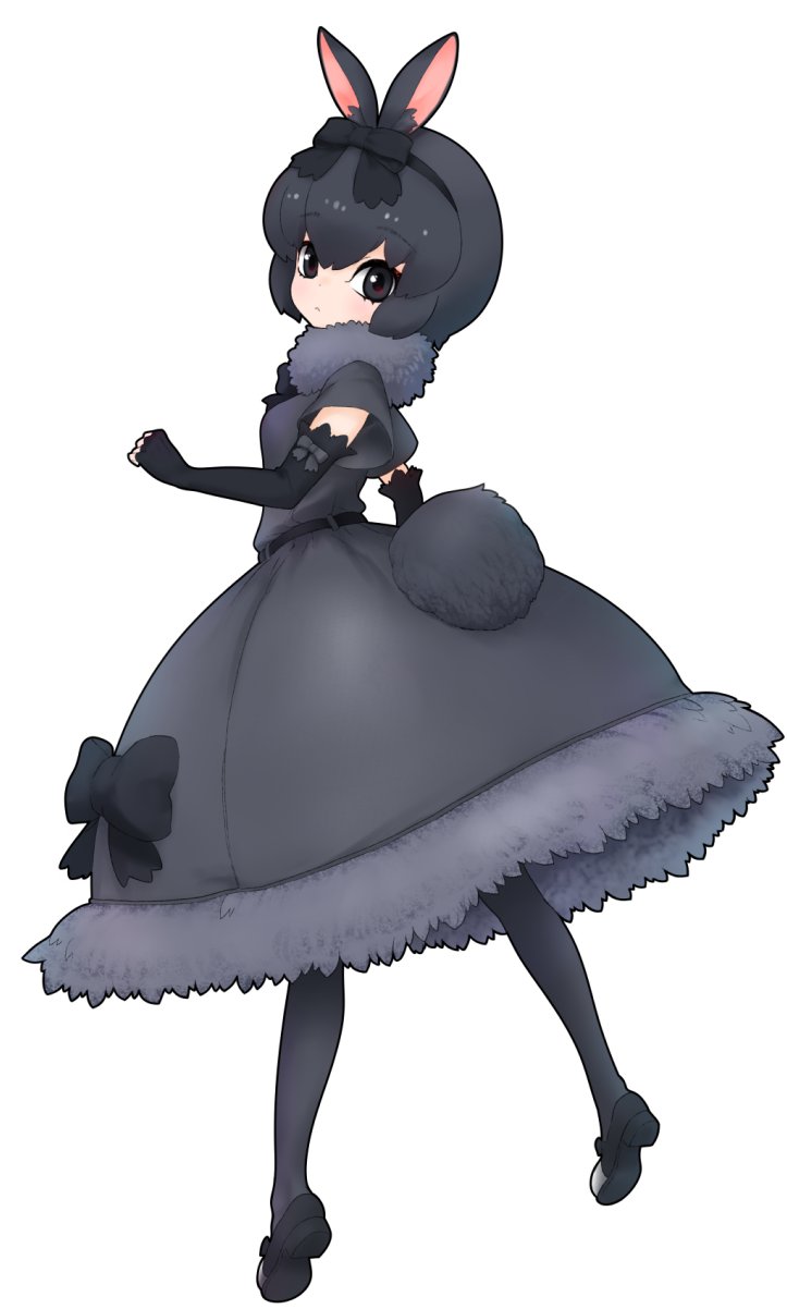 1girl amami_rabbit_(kemono_friends) animal_ears black_bow black_bowtie black_dress black_eyes black_gloves black_hair black_pantyhose black_shoes blush bow bowtie dress elbow_gloves fingerless_gloves frilled_gloves frills from_behind full_body fur_collar fur_trim gloves grey_fur hair_between_eyes hair_bow highres ise_(0425) kemono_friends kemono_friends_3 looking_at_viewer looking_back pantyhose penny_loafers rabbit_ears rabbit_girl rabbit_tail shoes short_hair short_sleeves sidelocks solo tail