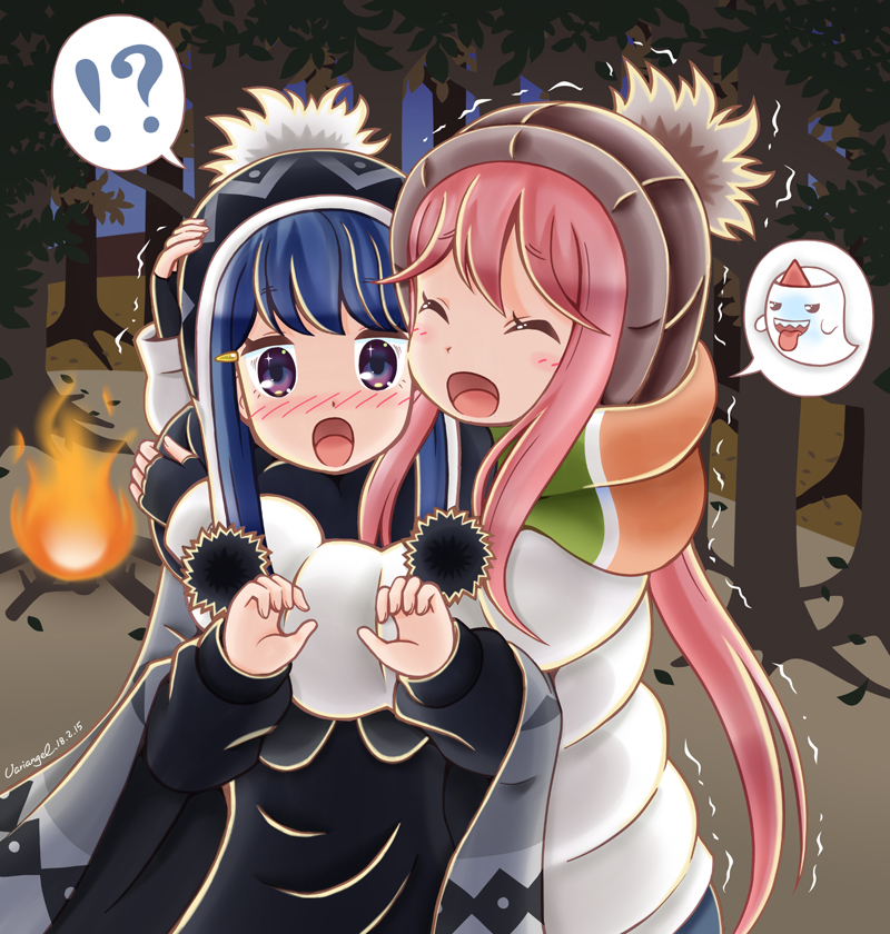 !? 2girls blue_hair blush campfire commentary_request closed_eyes ghost jacket kagamihara_nadeshiko multiple_girls open_mouth pink_hair prank purple_eyes scarf shima_rin spoken_ghost spoken_interrobang surprised surprised tree trembling variangel yuri yurucamp