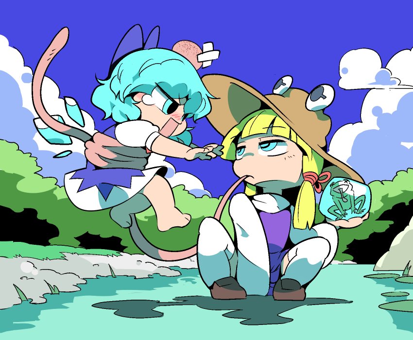 2girls bad_id bad_twitter_id blonde_hair blue_eyes cirno cloud crossed_bandaids day dress frog frozen frozen_frog hat head_bump ice ice_wings long_tongue matching_hair/eyes moriya_suwako moyazou_(kitaguni_moyashi_seizoujo) multiple_girls on_water open_mouth outdoors prehensile_tongue squatting standing standing_on_liquid tears thighhighs tongue tongue_hold tongue_out touhou very_long_tongue water white_legwear wings x_x