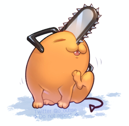1other :3 chainsaw chainsaw_man closed_eyes creature fang full_body handle lowres ohse open_mouth orange_fur pochita_(chainsaw_man) pull_cord scratching sitting smile solo twitter_username white_background