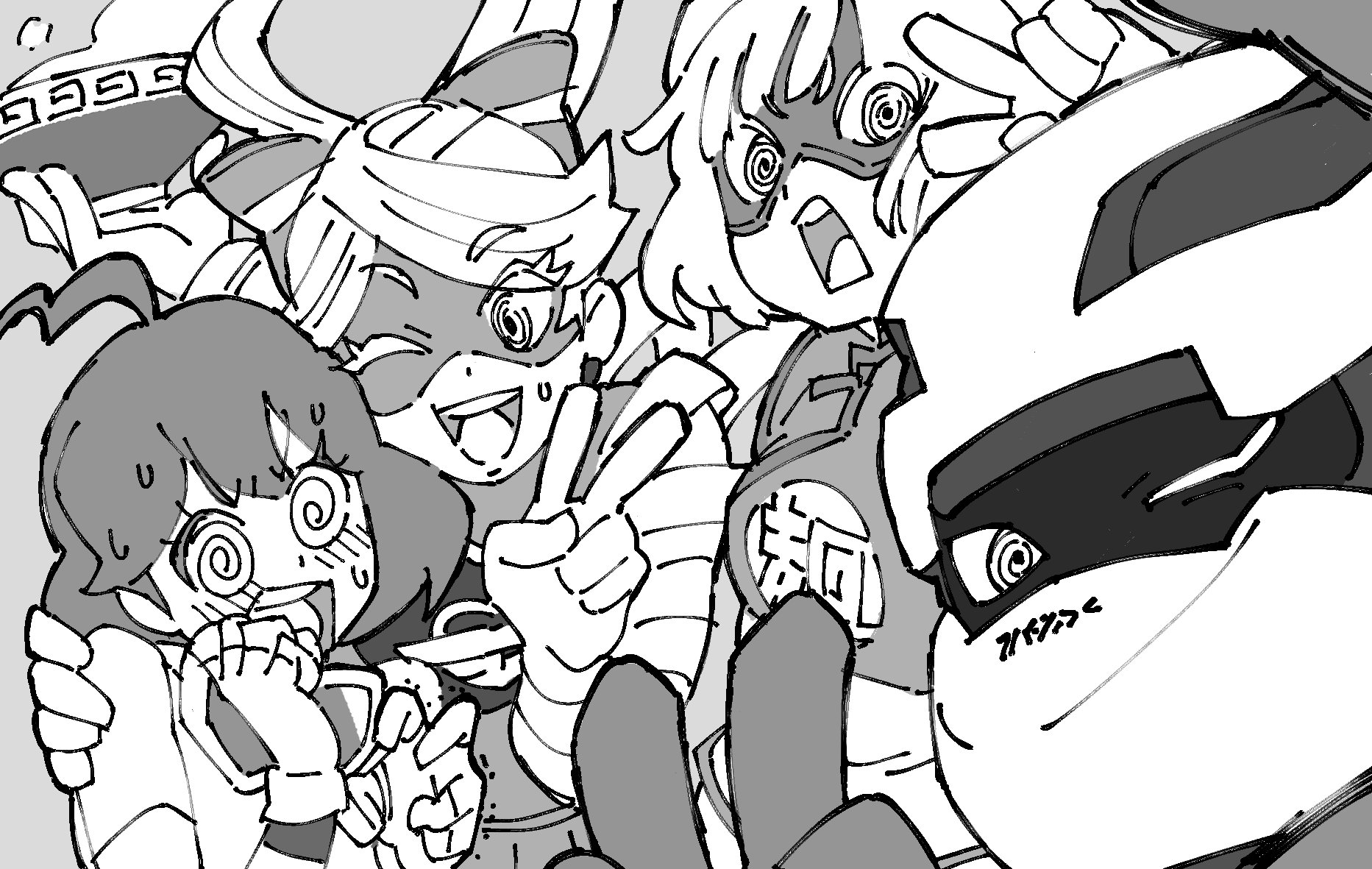 1boy 3girls @_@ ahoge arms_(game) bad_id bad_twitter_id beanie blunt_bangs bowl domino_mask greyscale hat helmet highres kid_cobra looking_at_another looking_at_viewer mask mechanica_(arms) min_min_(arms) monochrome multiple_girls photobomb ribbon_girl_(arms) selfie sweat upper_body uzura3026 v