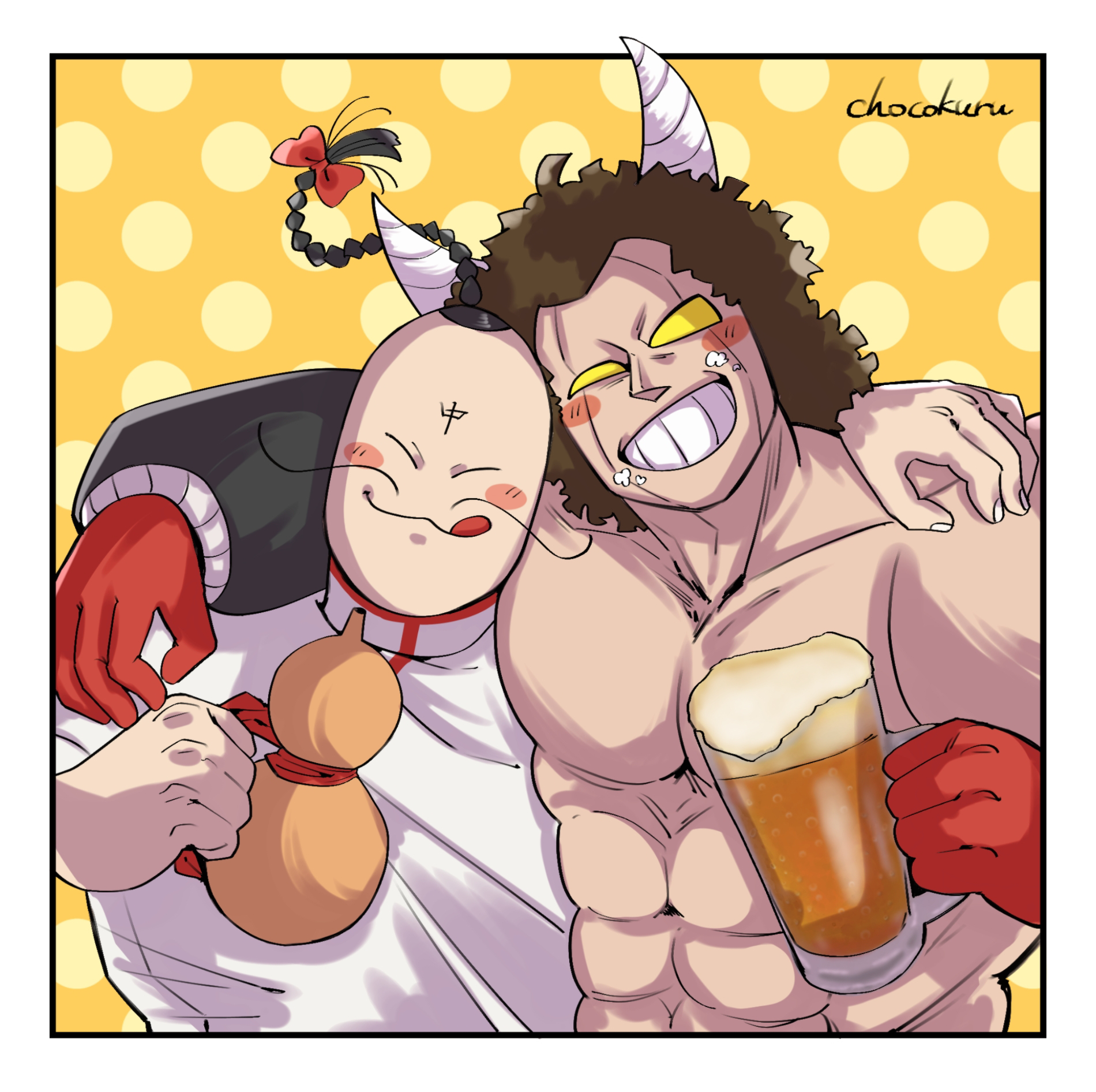 2boys abs alcohol beer beer_mug blush bottle bow braid braided_ponytail brown_hair buffaloman chocokuru_(pikupikupikuminn) closed_eyes cup drunk facial_hair fu_manchu_(mustache) happy highres horns kinnikuman long_mustache mug multiple_boys muscular mustache ramenman red_bow smile tongue tongue_out wine_bottle yellow_eyes