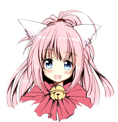 1girl animal_ears bell blue_eyes blush cat_ears fang high_ponytail long_hair lowres melody_sinclair open_mouth pink_hair ponytail simple_background smile solo tamiya_akito tooth upper_body white_background wide_ponytail yuukyuu_gensoukyoku