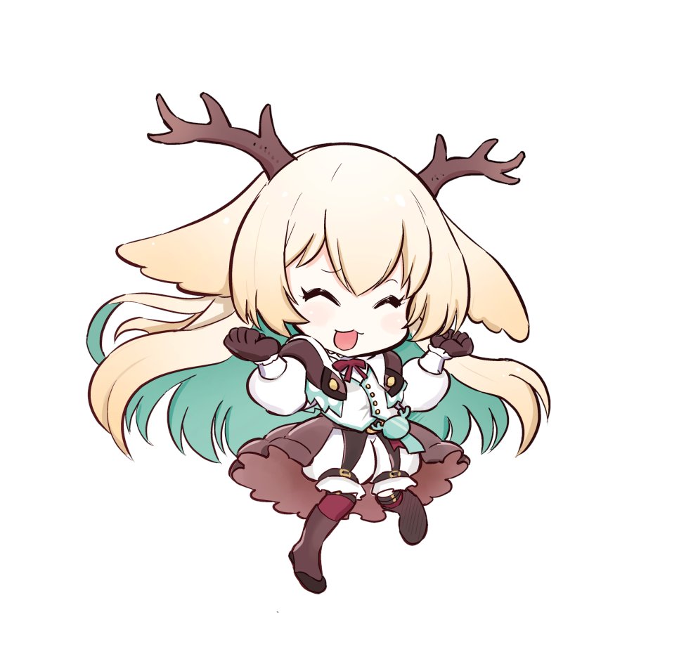 1girl :d adachi_takafumi animal_ears antlers blonde_hair blue_hair blush boots brown_boots brown_gloves brown_skirt chibi closed_eyes colored_inner_hair commentary_request deer_ears full_body gloves horns long_hair multicolored_hair nanashi_inc. open_mouth puffy_short_sleeves puffy_sleeves shirt short_sleeves shorts showgirl_skirt simple_background skirt smile solo tsukinoki_tirol vest virtual_youtuber white_background white_shirt white_shorts white_vest