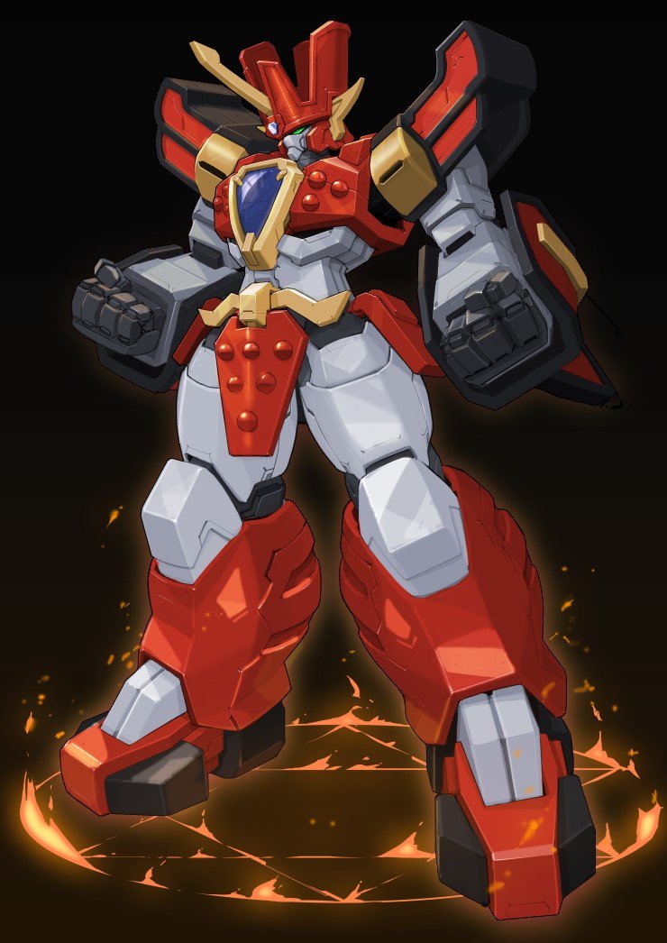 black_background clenched_hands granzort green_eyes horns looking_down madou_king_granzort magic_circle mecha no_humans robot single_horn solo standing superphotrone