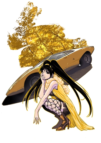 1girl black_boots black_dress black_eyes black_hair boots breasts car dress fishnets high_heel_boots high_heels jacket kanojo_no_carrera kanojo_no_carrera_rs kikuchi_michitaka lamborghini lamborghini_countach looking_at_viewer lowres medium_breasts momose_yuri motor_vehicle official_art one_eye_closed open_hand shadow solo sports_car squatting tree twintails vehicle_focus yellow_jacket