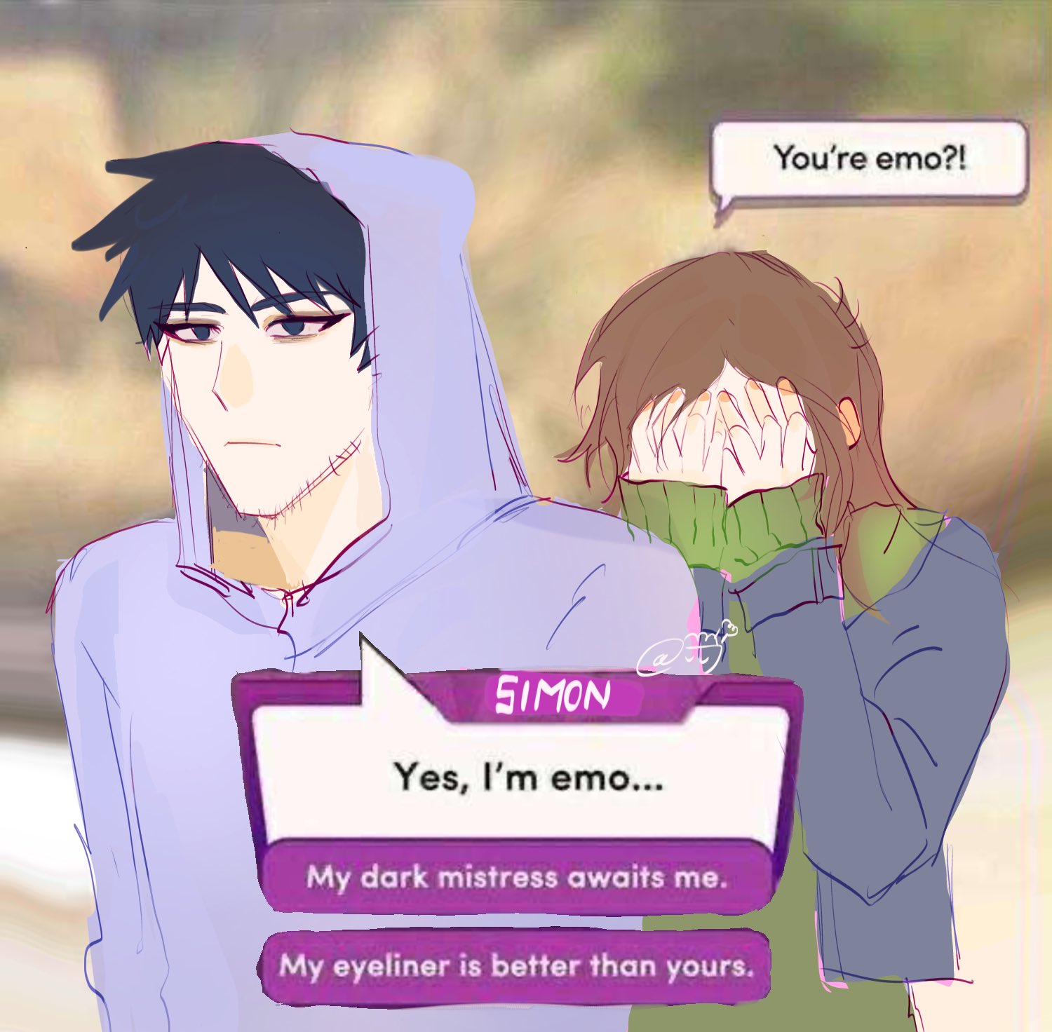 1boy 1girl :| bags_under_eyes black_eyeliner black_hair bloodshot_eyes blurry blurry_background brown_hair closed_mouth coat covering_face cry_of_fear english_text expressionless eyeliner facial_hair goatee_stubble green_sweater grey_coat hands_in_pockets hetero highres hood hood_up hoodie konicomchiee makeup purple_hoodie short_hair simon_henriksson sophie_(cry_of_fear) speech_bubble stubble sweater turtleneck visual_novel
