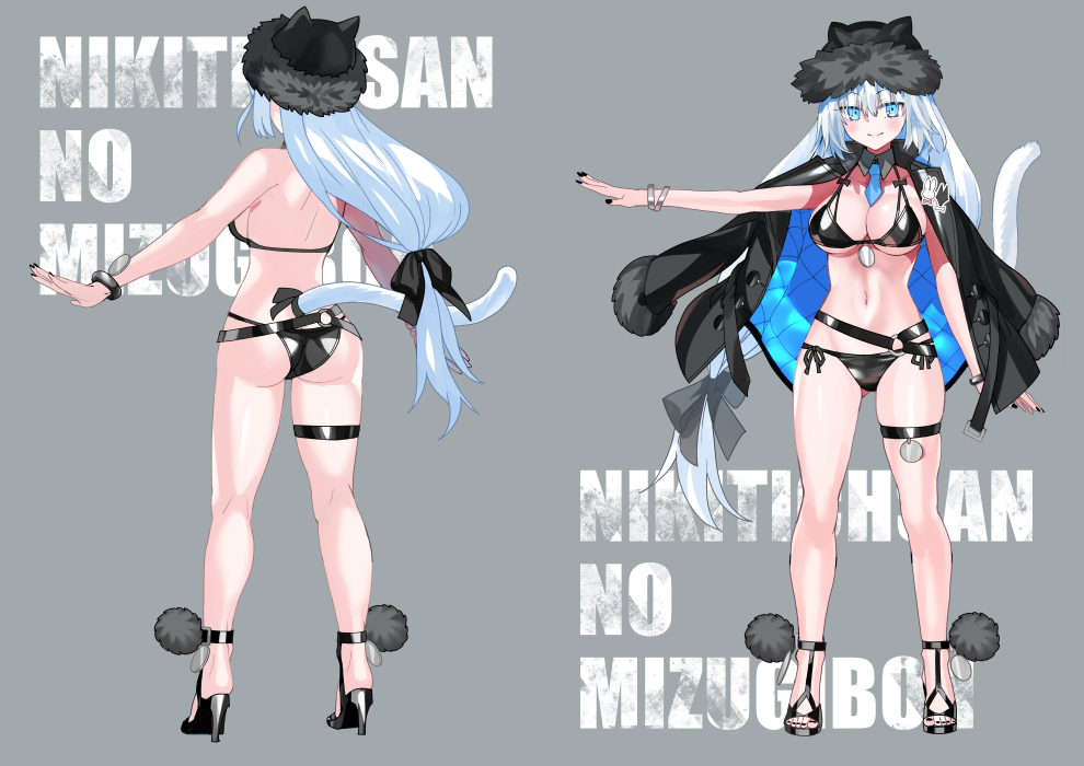 1girl animal_ears ass back bare_shoulders bikini black_bikini black_hat black_jacket blue_eyes blush bracelet breasts cat_ears cat_girl cat_tail reference_sheet cleavage detached_collar dobrynya_nikitich_(fate) dobrynya_nikitich_(swimsuit_lancer)_(fate) dobrynya_nikitich_(swimsuit_lancer)_(first_ascension)_(fate) fate/grand_order fate_(series) full_body fur-trimmed_headwear fur_trim hat high_heels jacket jacket_on_shoulders jewelry large_breasts long_hair looking_at_viewer multiple_views navel necktie robina smile swimsuit tail white_hair