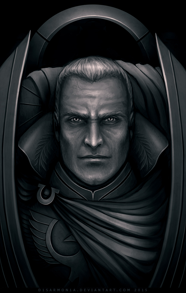 1boy armor black_background breastplate closed_mouth commentary dated deviantart_username english_commentary looking_at_viewer male_focus monochrome portrait power_armor primarch roboute_guilliman short_hair simple_background solo straight-on ultramarines veronica_anrathi warhammer_40k watermark web_address