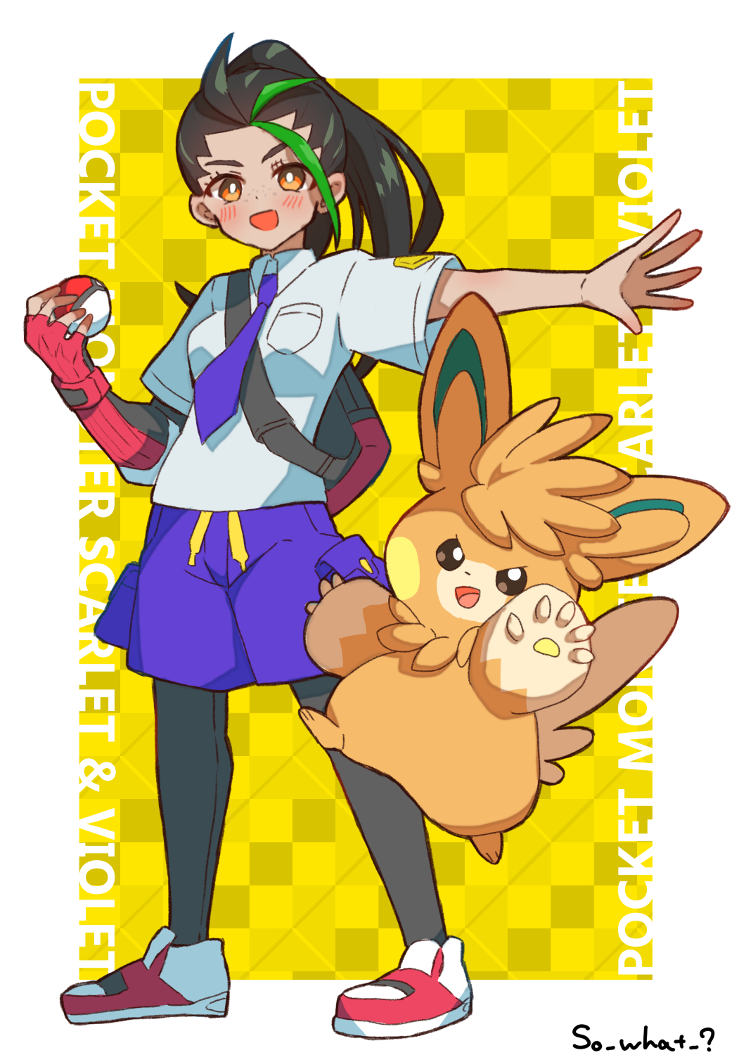 1girl :d blush collared_shirt commentary_request copyright_name eyelashes fingerless_gloves gloves green_hair highres holding holding_poke_ball long_hair multicolored_hair necktie nemona_(pokemon) nintendo open_mouth pantyhose pawmot poke_ball poke_ball_(basic) pokemon pokemon_(creature) pokemon_sv ponytail purple_necktie purple_shorts shirt shoes short_sleeves shorts single_glove smile so_what216 standing two-tone_hair
