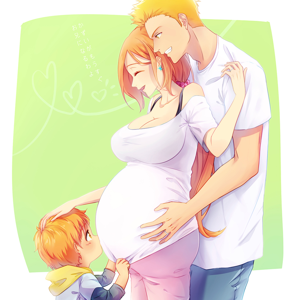 1girl 2boys 57_(lme_piggy117) bleach bleach:_epilogue blue_pants breasts cleavage closed_eyes commentary_request earrings father_and_son hair_ornament hair_scrunchie hand_on_another&#039;s_head husband_and_wife inoue_orihime jewelry kurosaki_ichigo kurosaki_kazui large_breasts long_hair mother_and_son multiple_boys orange_eyes orange_hair pants pink_pants pregnant ring scrunchie shirt wedding_ring white_shirt