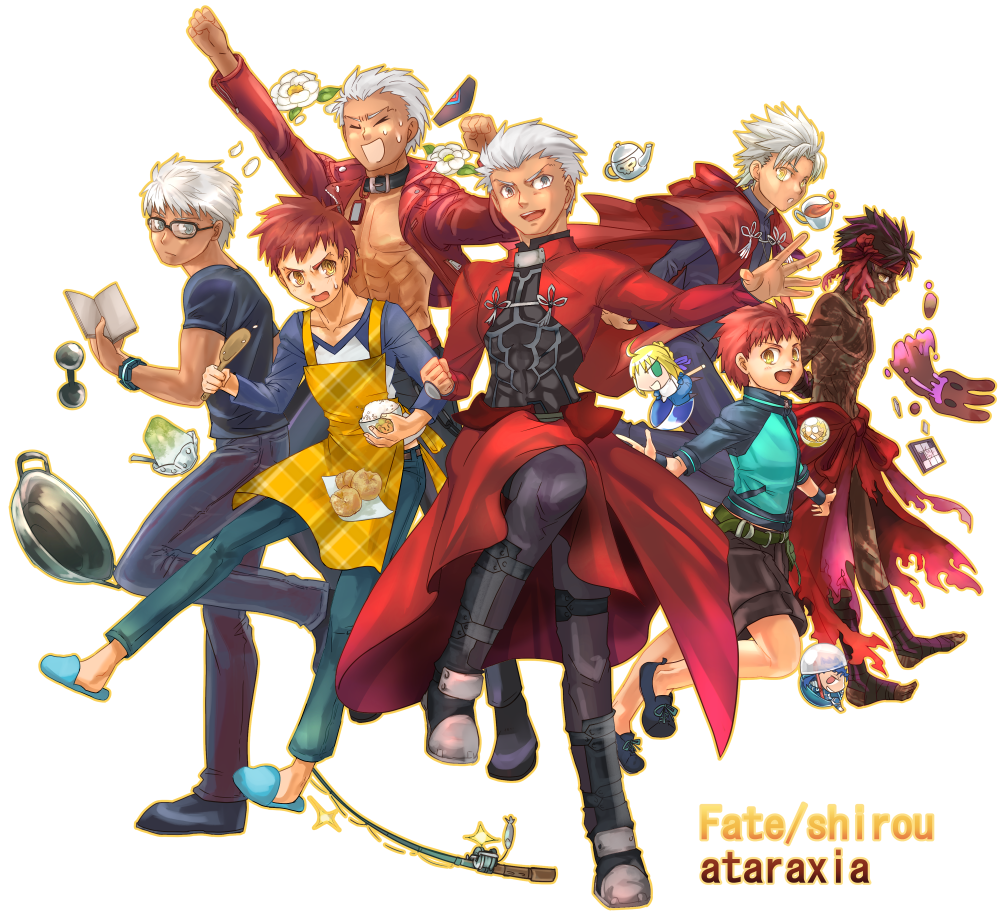 10s 6+boys aged_down ahoge amakusa_shirou_(fate) angra_mainyu_(fate) apron archer_(cool_and_wild)_(fate) archer_(fate) archer_(modern_black_costume)_(fate) artoria_pendragon_(fate) barbell bowl brown_hair capsule_servant carnival_phantasm chibi collar cu_chulainn_(fate) cu_chulainn_(fate/stay_night) cup dark-skinned_male dark_skin denim dumbbell emiya_shirou emiya_shirou_(capsule_servant) fate/apocrypha fate/extra fate/extra_ccc fate/hollow_ataraxia fate/stay_night fate/zero fate_(series) fishing_rod flower food glasses grail-kun jeans male_focus mizu_hp multiple_boys multiple_persona pants red_hair rice_bowl saber_(fate) shaved_ice shorts slippers tea teacup teapot white_hair wok yellow_eyes