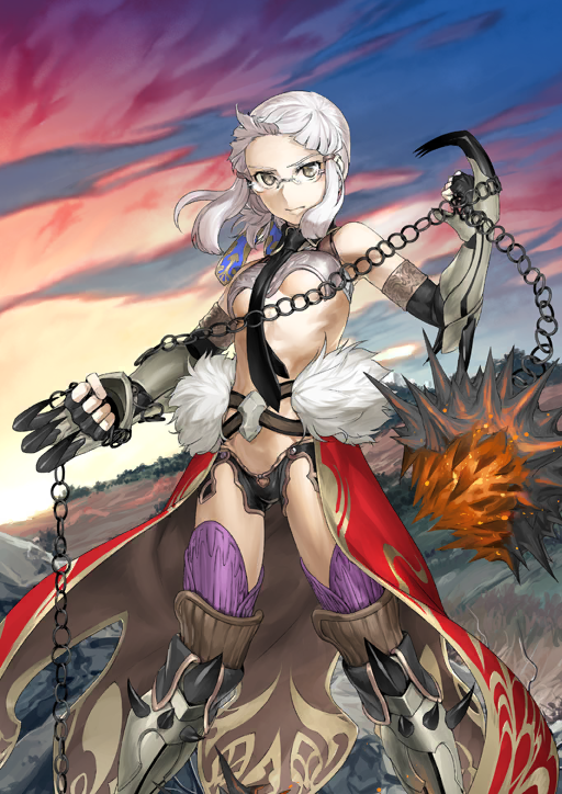 1girl armored_boots armored_gloves ball_and_chain_(weapon) bare_shoulders belt black_collar black_gloves black_necktie black_shorts blue_ribbon boobplate boots breastplate breasts brown_belt brown_eyes cape chain clawed_gauntlets closed_mouth collar crop_top elbow_gloves embers expressionless fate/grand_order fate_(series) feet_out_of_frame fingerless_gloves fur-trimmed_waist_cape fur_trim glasses gloves glowing glowing_weapon goddess_of_war_(fate) groin hair_ribbon hair_tie holding holding_chain holding_weapon legs_apart looking_at_viewer medium_breasts micro_shorts necktie official_art penthesilea_(amazones_ceo)_(fate) penthesilea_(fate) purple_thighhighs red_cape ribbon rimless_eyewear shinjirou short_hair shorts sidelocks sleeveless solo spiked_ball_and_chain spiked_boots spiked_gloves spikes standing stomach thighhighs third-party_source underboob variant_set waist_cape weapon white_hair wing_collar