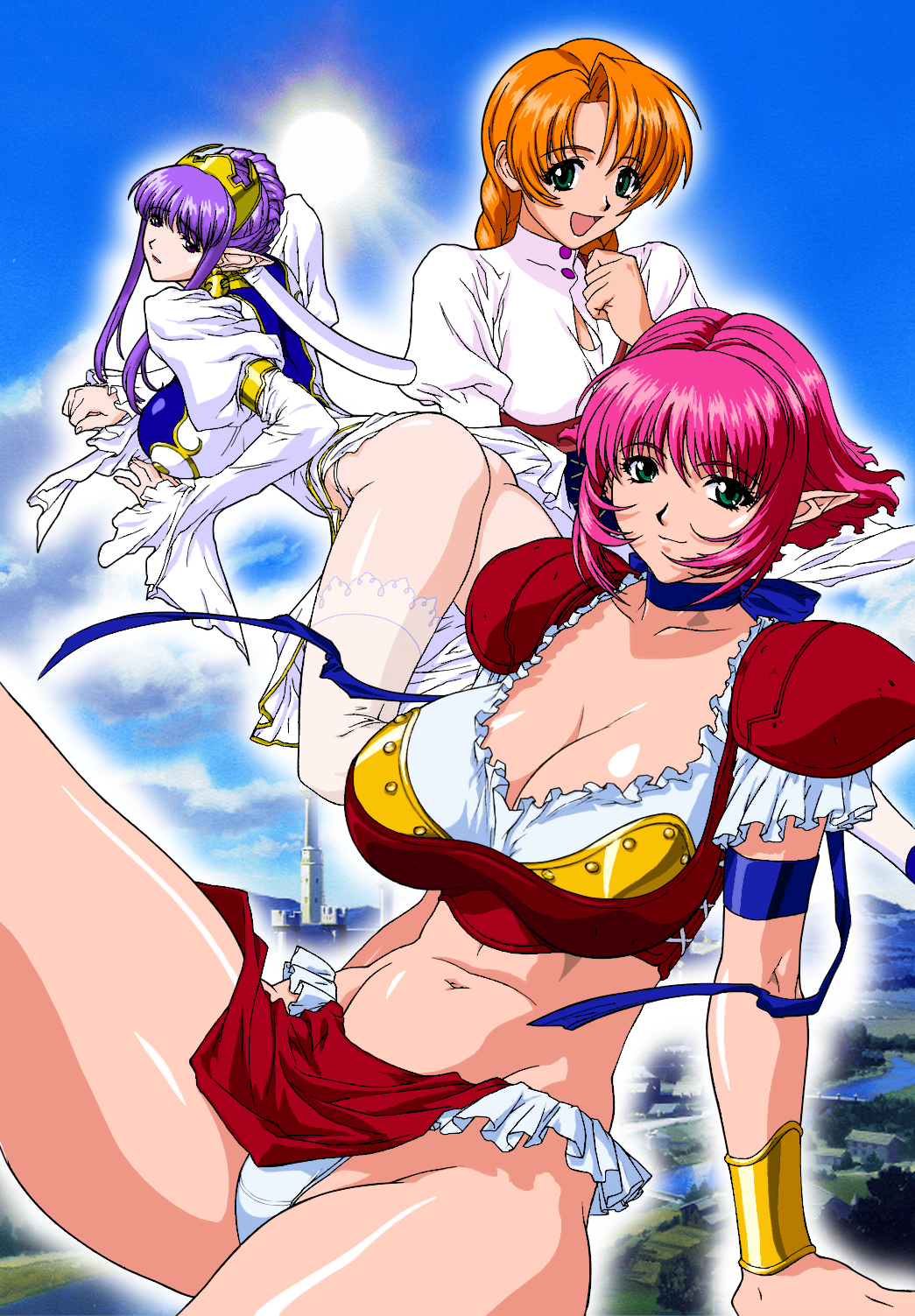 3girls armband ass blue_neckwear bracer braid breasts cala cleavage day highres jota juliet_sleeves julietta katsura_ken&#039;ichirou large_breasts long_hair long_sleeves multiple_girls navel neck_ribbon official_art open_mouth orange_hair outdoors outer_glow panties pelvic_curtain pink_hair pointy_ears puffy_sleeves purple_hair ribbon shiny_skin short_hair sidelocks smile thighhighs twin_braids underwear viper_(series) viper_rsr white_legwear white_panties