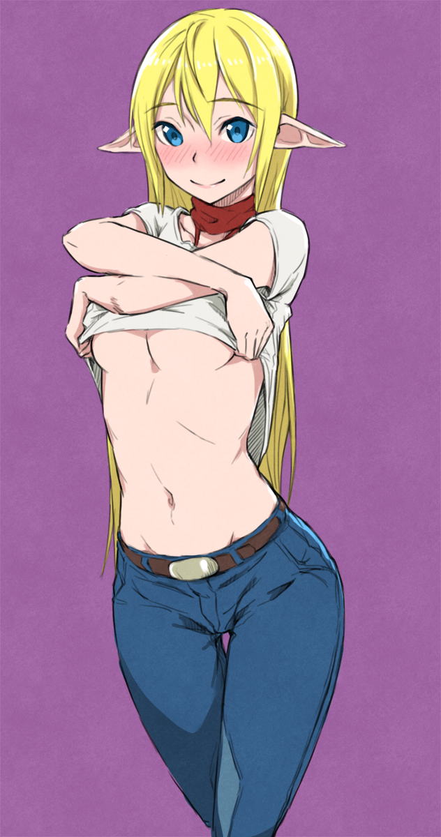 10s 1girl blonde_hair blue_eyes blush breasts clothes_lift denim elf female_focus gate_-_jieitai_ka_no_chi_nite_kaku_tatakaeri highres jeans long_hair navel no_bra pants pointy_ears shirt_lift simple_background smile solo stomach tuka_luna_marceau underboob undressing utu_(ldnsft) x_arms