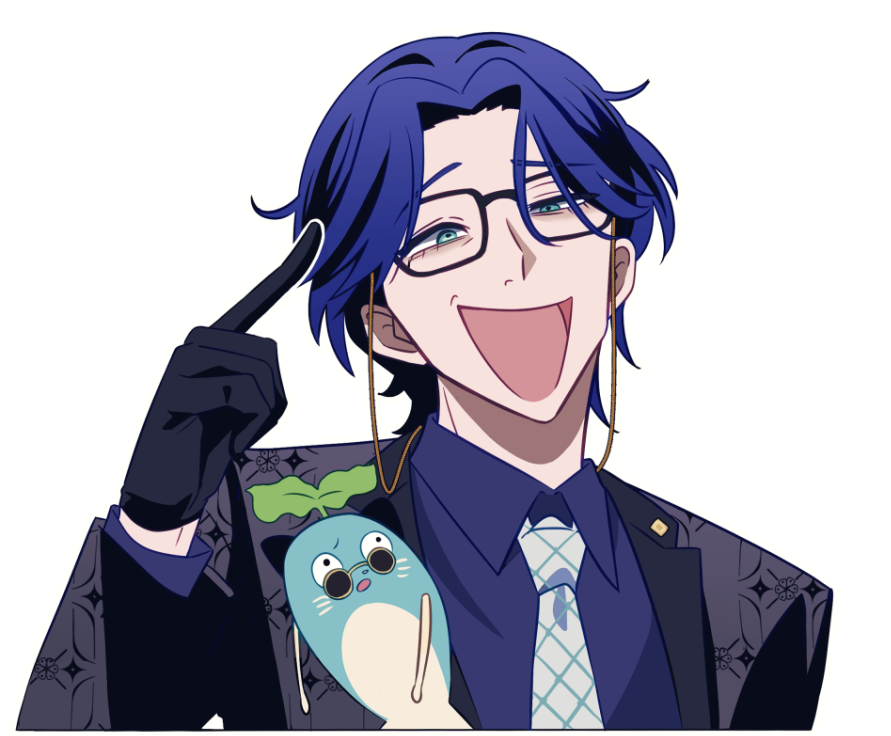 1boy aqua_eyes black_gloves blue_hair blue_shirt collared_shirt eyewear_strap finger_to_head glasses gloves grey_jacket grey_necktie hand_up jacket kakaramama lapel_pin leos_vincent leos_vincent_(3rd_costume) male_focus mameneko_(leos_vincent) necktie nijisanji open_mouth outline shirt short_hair smug solo virtual_youtuber white_outline