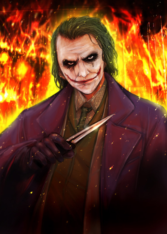 1boy batman_(series) dc_comics facepaint fire formal_clothes glasgow_smile gloves heath_ledger kaiga knife makeup male_focus necktie solo suit the_dark_knight the_joker vest weapon