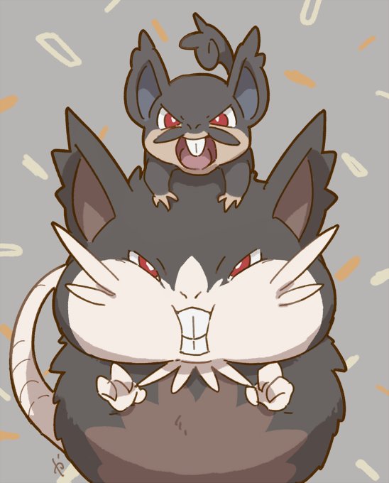 alolan_form alolan_raticate alolan_rattata bright_pupils commentary_request evolutionary_line fangs gen_7_pokemon grey_background kaniharu looking_at_viewer nintendo no_humans open_mouth pokemon pokemon_(creature) red_eyes tongue white_pupils