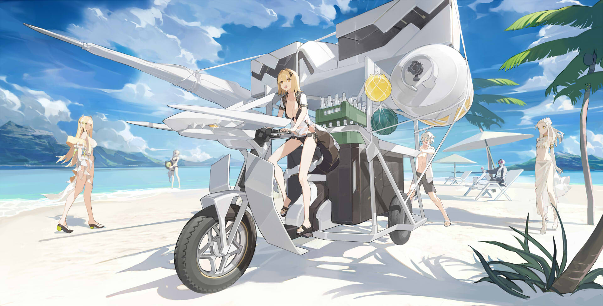 2boys 4girls alchemy_stars bare_legs beach beach_umbrella bianyuanqishi bikini black_bikini blonde_hair carleen_(alchemy_stars) chair cloud commentary_request concept_art day eicy_(alchemy_stars) eyeball faceless faceless_male glass_bottle high_heels highres kleken_(alchemy_stars) long_hair looking_afar looking_at_another lounge_chair mountain multiple_boys multiple_girls navigator_(alchemy_stars) official_art outdoors palm_tree propane_tank pushing reclining sandals see-through_clothes shadow shore short_hair short_sleeves shorts swimsuit tail tree umbrella uriah_(alchemy_stars) vending_cart vice_(alchemy_stars) water