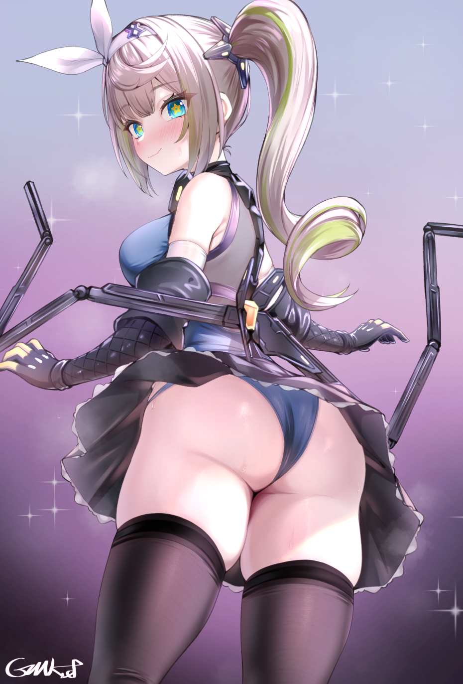 1girl aqua_eyes ass back bare_shoulders black_thighhighs blonde_hair blue_panties blush breasts commentary_request detached_sleeves girls&#039;_frontline girls&#039;_frontline_2:_exilium gloves gmkj hairband highres mechanical_arms paid_reward_available panties pleated_skirt pointy_ears revision sharkry_(girls&#039;_frontline_2) side_ponytail skirt smile solo star-shaped_pupils star_(symbol) sweatdrop symbol-shaped_pupils thighhighs underwear variant_set white_gloves