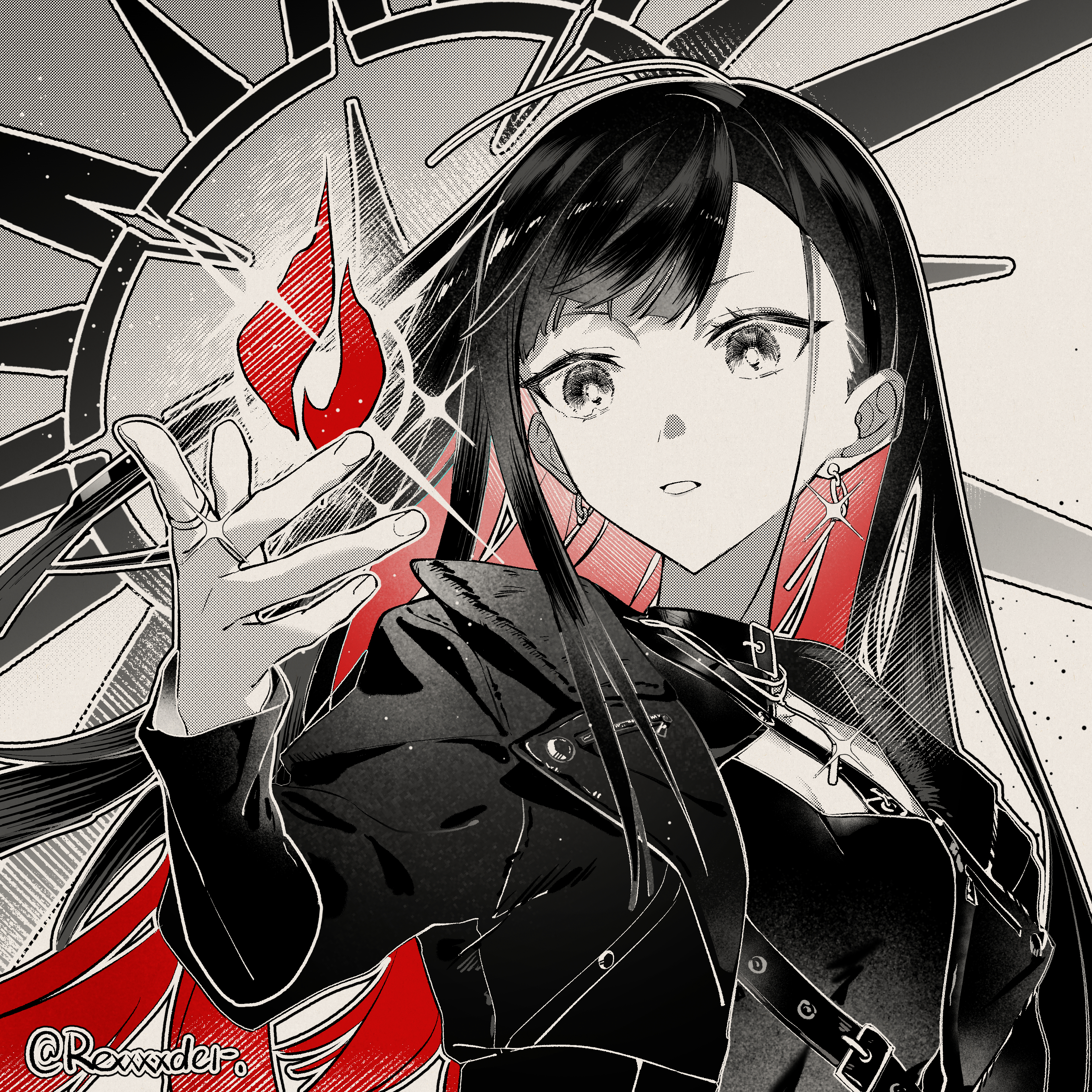 1girl absurdres artist_name breasts choker cleavage colored_inner_hair earrings eyelashes fingernails greyscale highres jewelry jingzhaowhale long_hair long_sleeves looking_at_object monochrome multicolored_hair multiple_rings open_hand parted_lips project_sekai ring shiraishi_an solo spot_color square twitter_username upper_body