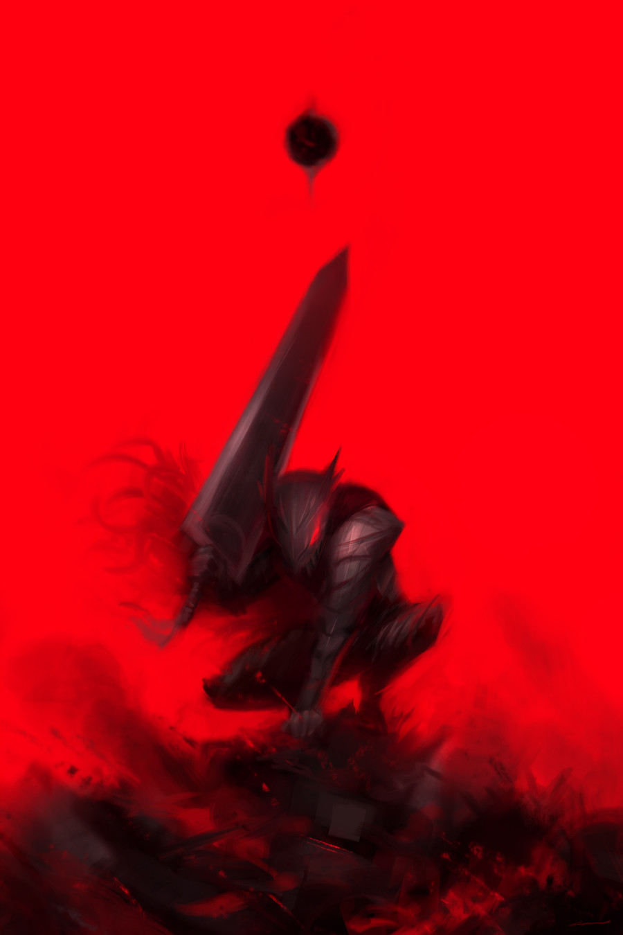 1boy alex_chow armor armored_boots berserk berserker_armor black_armor black_cape black_moon boots breastplate cape commentary dragonslayer_(sword) drawing eclipse english_commentary faulds full_armor gauntlets glowing glowing_eye greatsword greaves guts_(berserk) helmet highres holding holding_sword holding_weapon huge_weapon moon one-eyed over_shoulder pauldrons portrait red_background red_eyes shoulder_armor solo squatting sword sword_over_shoulder vambraces weapon weapon_over_shoulder