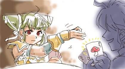 1boy 1girl ahoge arm_garter card cone_hair_bun double_bun fingerless_gloves frederic_chopin_(trusty_bell) fuju gloves green_hair hair_bun lowres mushroom playing_card red_eyes sleeveless trusty_bell viola
