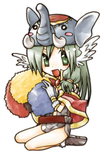 1girl afro ark_kan boots brown_boots cape commentary_request creator_(ragnarok_online) dress elephant_hat feathered_wings full_body gloves green_eyes green_hair grey_dress head_wings long_hair looking_at_viewer lowres open_mouth ragnarok_online red_cape seiza simple_background sitting smile solo unworn_wig white_background white_gloves white_wings wig wings
