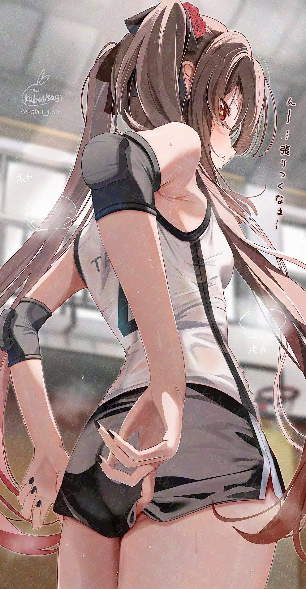 1girl adjusting_clothes adjusting_shorts alternate_costume black_hair black_nails black_shorts breasts brown_hair commentary_request elbow_pads flower flower-shaped_pupils from_behind genshin_impact hair_flower hair_ornament highres hu_tao_(genshin_impact) kabu_usagi long_hair looking_at_viewer pout red_eyes revision shirt shorts signature sleeveless sleeveless_shirt solo sportswear symbol-shaped_pupils twintails twitter_username volleyball_uniform white_jersey