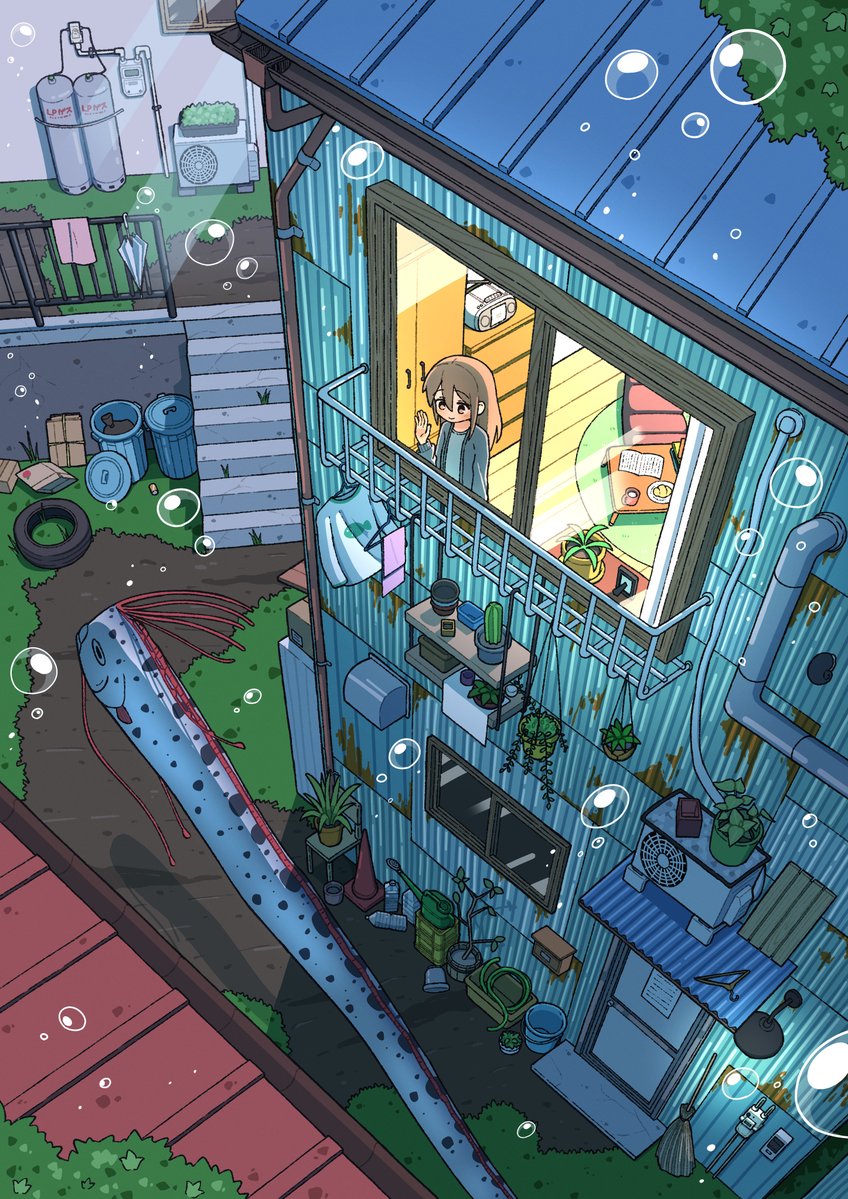 1girl absurdly_detailed_composition broom brown_hair bubble cabinet cheribon commentary complex_exterior condenser_unit fish floating flower flower_pot hashtag-only_commentary house long_hair oarfish original solo table trash_can window