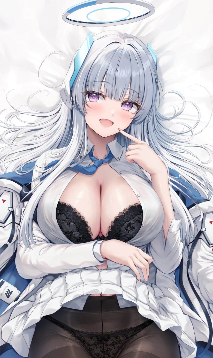 1girl arm_under_breasts black_bra black_panties black_pantyhose blue_archive blue_necktie blush bra breasts cleavage clothes_lift dress_shirt finger_to_mouth grey_hair hair_intakes halo headgear highres large_breasts long_hair loose_necktie lying mechanical_halo navel necktie noa_(blue_archive) on_back on_bed open_clothes open_mouth open_shirt panties pantyhose purple_eyes school_uniform shiny_skin shirt skirt skirt_lift solo tomoo_(tomo) tongue underwear wet white_background white_shirt white_skirt