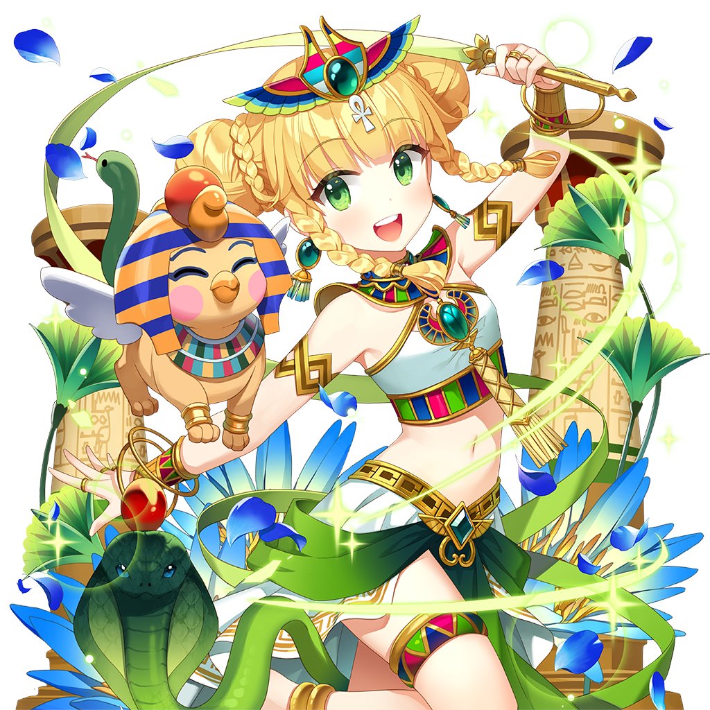 1girl ancient_egyptian blonde_hair braid double_bun green_eyes hair_bun holding navel salt_(salty) sapphire_emerald snake sphinx twin_braids twintails uchi_no_hime-sama_ga_ichiban_kawaii